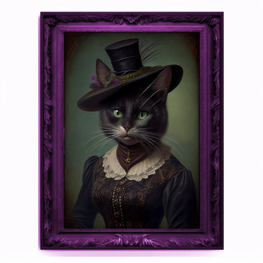 Witch Cat Portrait, Animal Painting, Altered Art, witchcraft Decor, Regal Vintage Artwork, Unique Prints, Funny Pet Gift, Salem Cat Print
