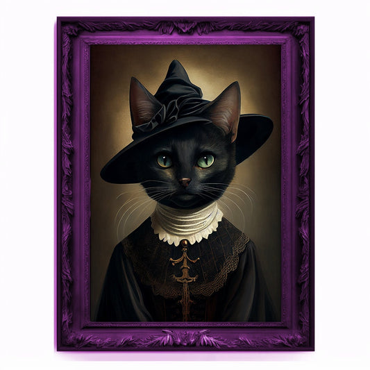 Witch Cat Portrait, Animal Painting, Altered Art, witchcraft Decor, Regal Vintage Artwork, Unique Prints, Funny Pet Gift, Salem Cat Print