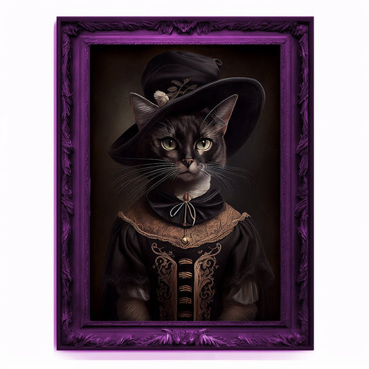 Witch Cat Portrait, Animal Painting, Altered Art, witchcraft Decor, Regal Vintage Artwork, Unique Prints, Funny Pet Gift, Salem Cat Print