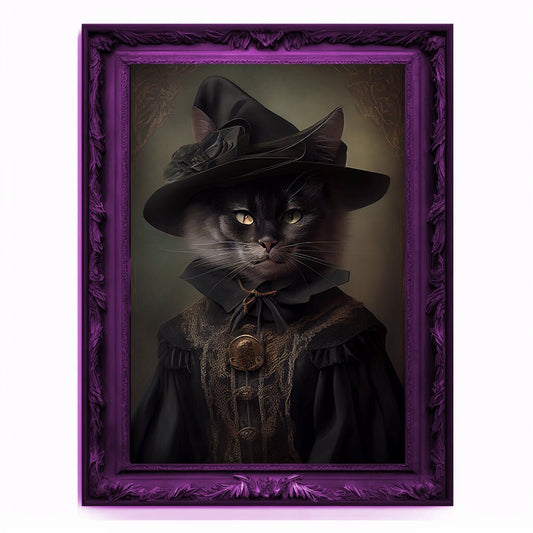 Witch Cat Portrait, Animal Painting, Altered Art, witchcraft Decor, Regal Vintage Artwork, Unique Prints, Funny Pet Gift, Salem Cat Print