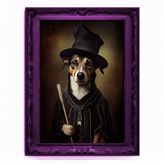Wizard Dog Portrait, Magician Poster, Animal Painting, Altered Art, Magic Wand, Regal Vintage Artwork, Unique Prints, Pet Gift, Wizard Gift