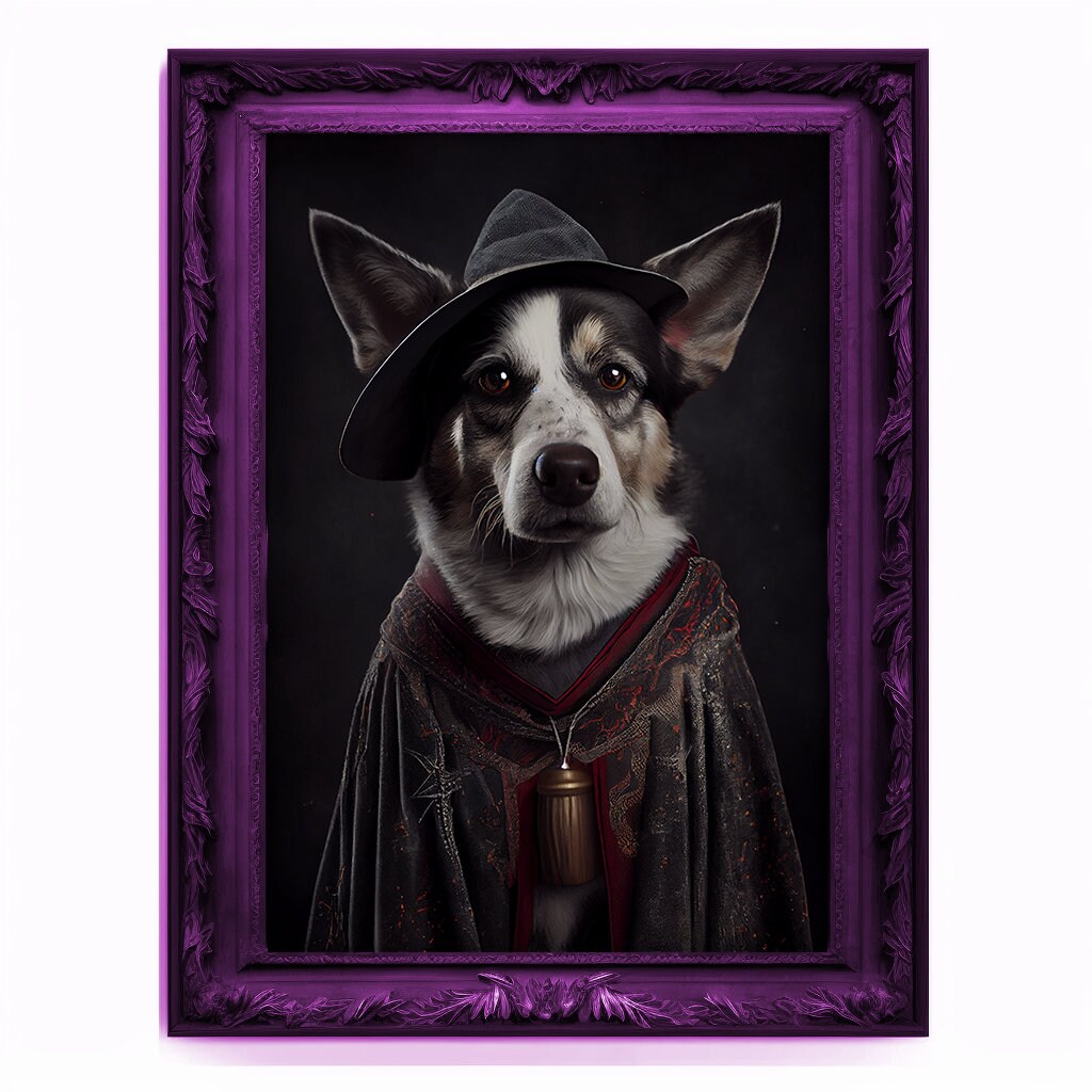 Wizard Dog Portrait, Magician Poster, Animal Painting, Altered Art, Magic Wand, Regal Vintage Artwork, Unique Prints, Pet Gift, Wizard Gift
