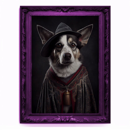 Wizard Dog Portrait, Magician Poster, Animal Painting, Altered Art, Magic Wand, Regal Vintage Artwork, Unique Prints, Pet Gift, Wizard Gift