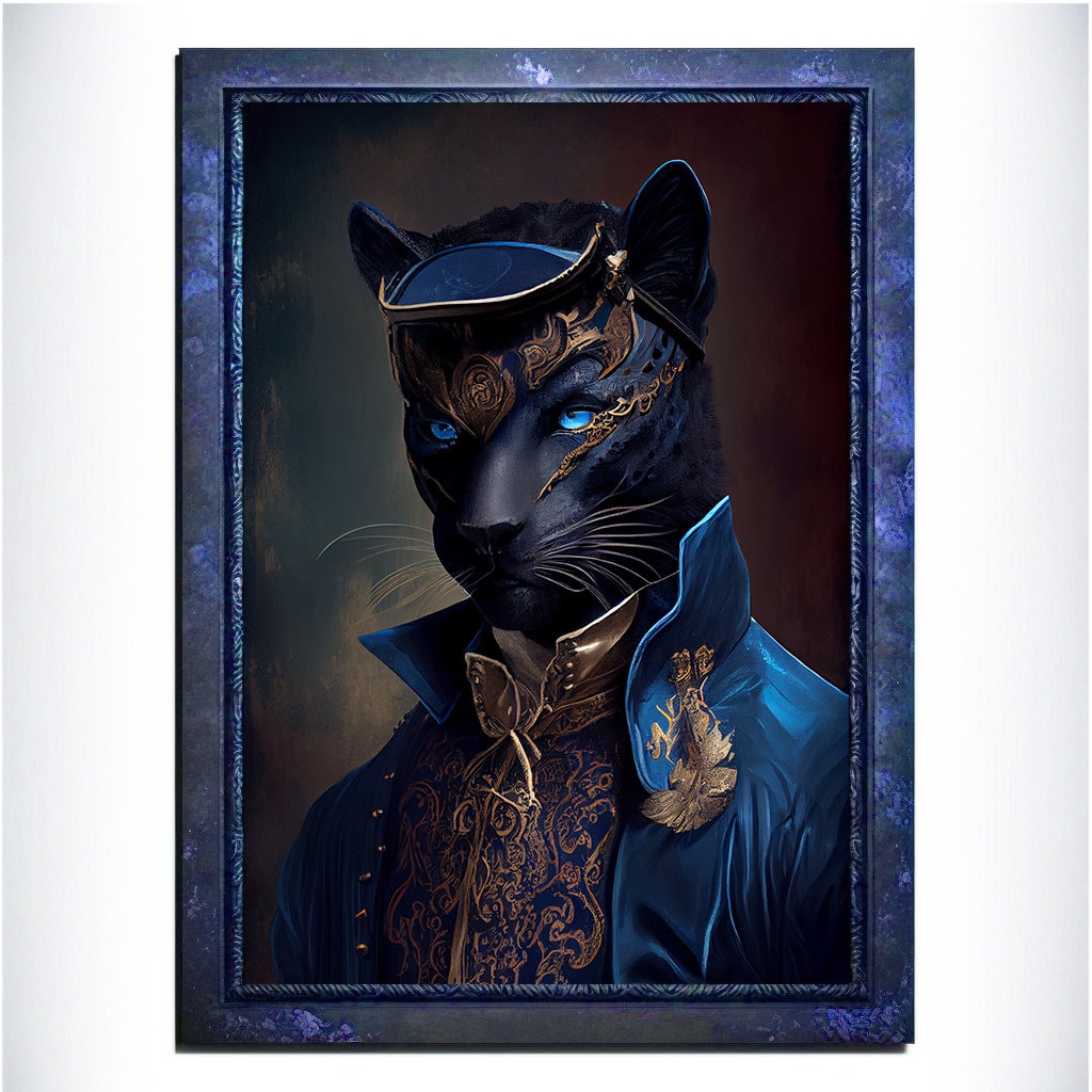 Blue Panther Wall Art Print, Blue Animal Lover Vintage Regal Art Poster. Victorian Gold Panther Portrait Royal Painting Puma Pet Gift - Wall Art Poster Print