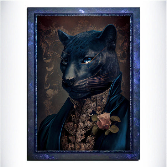 Blue Panther Wall Art Print, Blue Animal Lover Vintage Regal Art Poster. Victorian Gold Panther Portrait Royal Painting Puma Pet Gift - Wall Art Poster Print