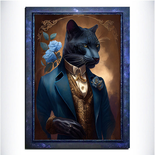 Blue Panther Wall Art Print, Blue Animal Lover Vintage Regal Art Poster. Victorian Gold Panther Portrait Royal Painting Puma Pet Gift - Wall Art Poster Print