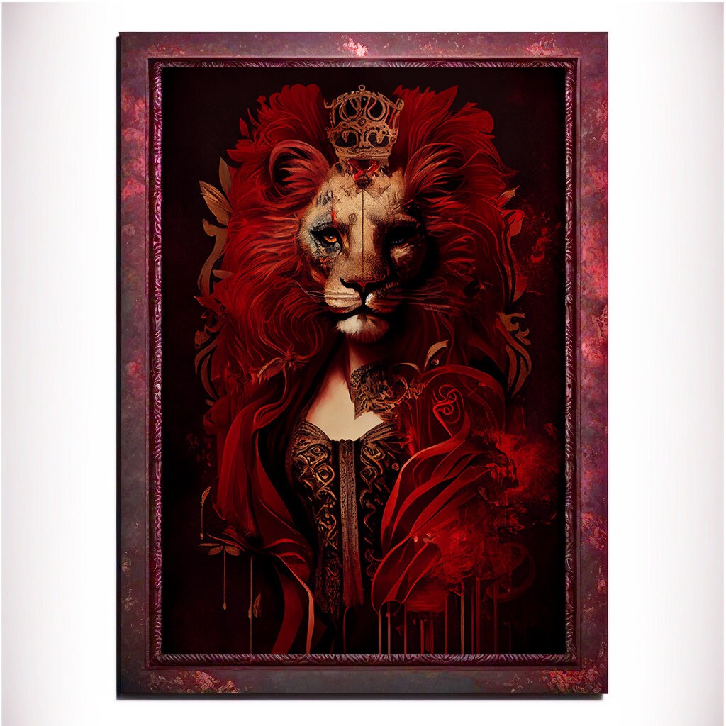 Red Lion Wall Art Print, Red Animal Lover Vintage Regal Art Poster. Victorian Red Lion Pub Portrait Royal Painting Red lion Bar Art Pet Gift - Wall Art Poster Print