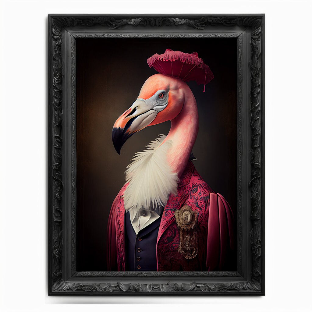 Flamingo Wall Art Print, Animal Lover, Vintage Regal Flamingo Art Poster Renaissance, Victorian Flamingo Portrait, Royal Painting Home Gift