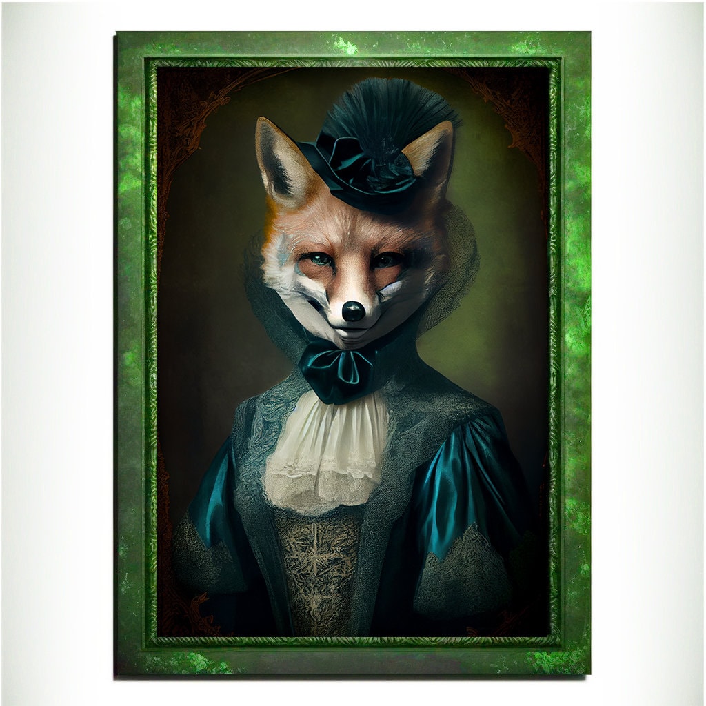 Green Fox Wall Art Print, Green Animal Lover Vintage Regal Art Poster. Victorian Fox Portrait Royal Painting Talented Fox Bar Art Pet Gift - Wall Art Poster Print