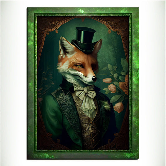 Green Fox Wall Art Print, Green Animal Lover Vintage Regal Art Poster. Victorian Fox Portrait Royal Painting Talented Fox Bar Art Pet Gift - Wall Art Poster Print