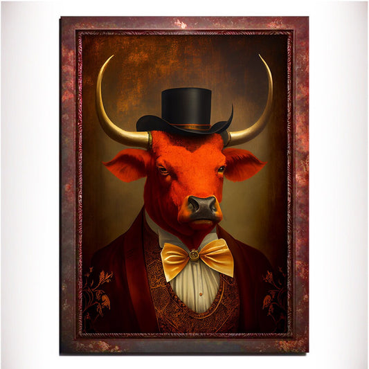 Orange Bull Wall Art Print, Animal Lover Vintage Regal Art Poster. Victorian Bull Bar Portrait Royal Painting Tango Orange Art Pet Gift - Wall Art Poster Print