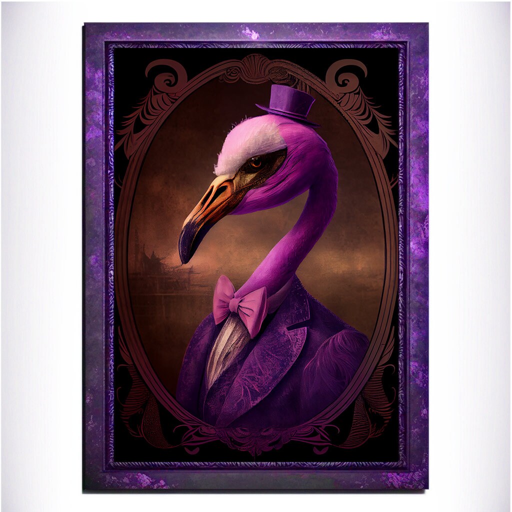 Purple Flamingo Wall Art Print, Animal Lover Vintage Regal Flamingo Art Poster Renaissance. Victorian Flamingo Portrait, Royal Painting Gift - Wall Art Poster Print