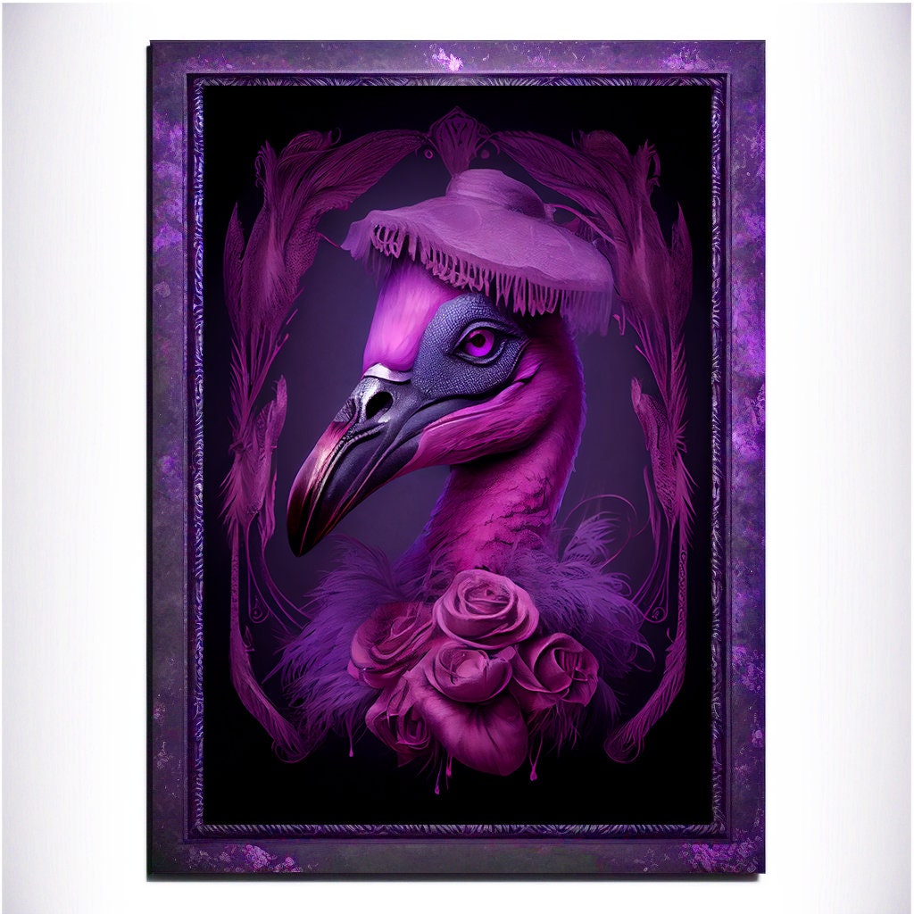 Purple Flamingo Wall Art Print, Animal Lover Vintage Regal Flamingo Art Poster Renaissance. Victorian Flamingo Portrait, Royal Painting Gift - Wall Art Poster Print