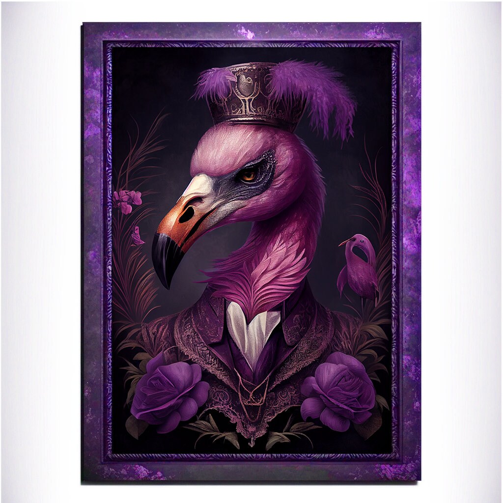 Purple Flamingo Wall Art Print, Animal Lover Vintage Regal Flamingo Art Poster Renaissance. Victorian Flamingo Portrait, Royal Painting Gift - Wall Art Poster Print