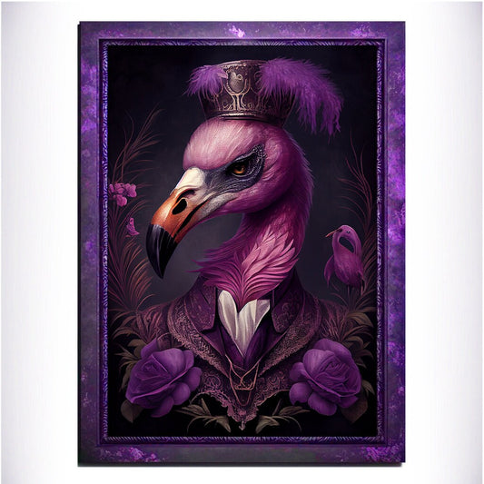 Purple Flamingo Wall Art Print, Animal Lover Vintage Regal Flamingo Art Poster Renaissance. Victorian Flamingo Portrait, Royal Painting Gift - Wall Art Poster Print