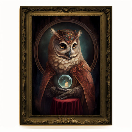 Crystal Ball Seer Owl Portrait, Owl Poster, Animal Painting, Altered Art, Magic Owl, Regal Vintage Art, Unique Prints, Pet Gift, Wizard Gift