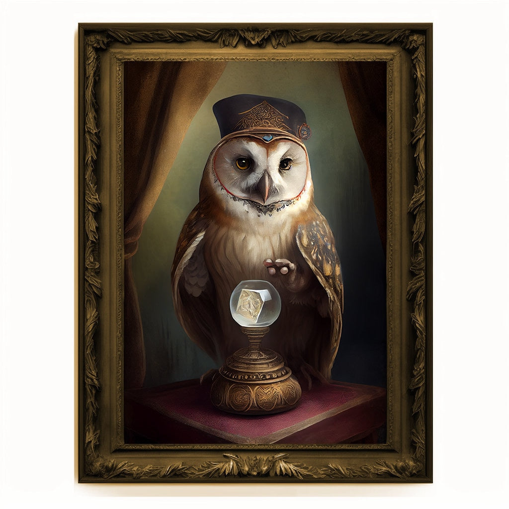Crystal Ball Seer Owl Portrait, Owl Poster, Animal Painting, Altered Art, Magic Owl, Regal Vintage Art, Unique Prints, Pet Gift, Wizard Gift