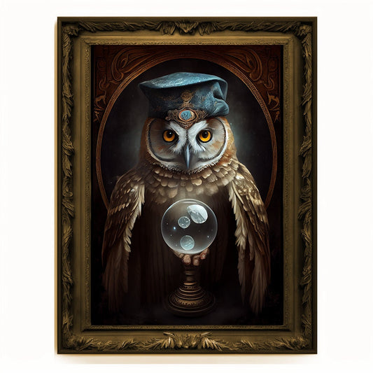 Crystal Ball Seer Owl Portrait, Owl Poster, Animal Painting, Altered Art, Magic Owl, Regal Vintage Art, Unique Prints, Pet Gift, Wizard Gift