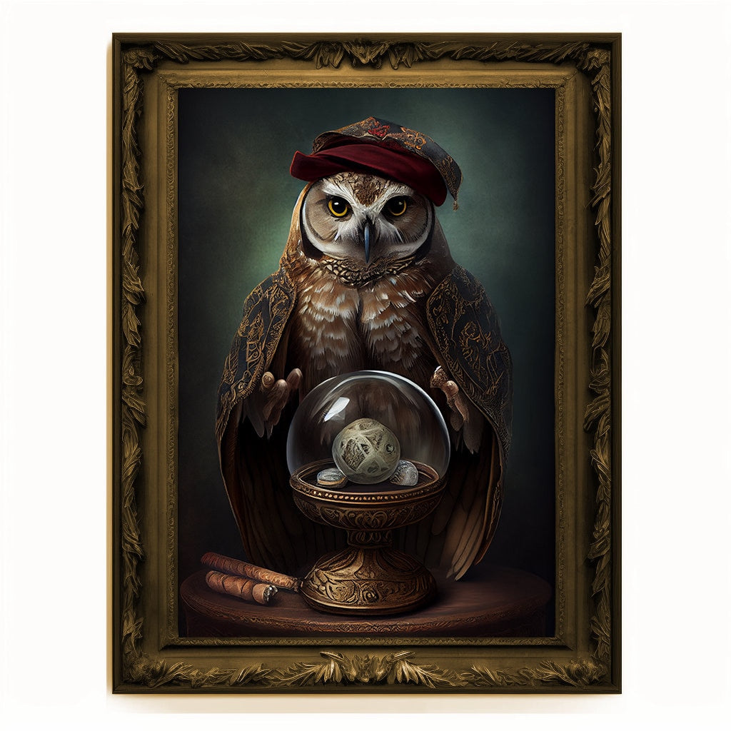 Crystal Ball Seer Owl Portrait, Owl Poster, Animal Painting, Altered Art, Magic Owl, Regal Vintage Art, Unique Prints, Pet Gift, Wizard Gift