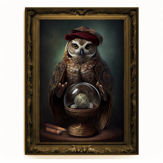 Crystal Ball Seer Owl Portrait, Owl Poster, Animal Painting, Altered Art, Magic Owl, Regal Vintage Art, Unique Prints, Pet Gift, Wizard Gift