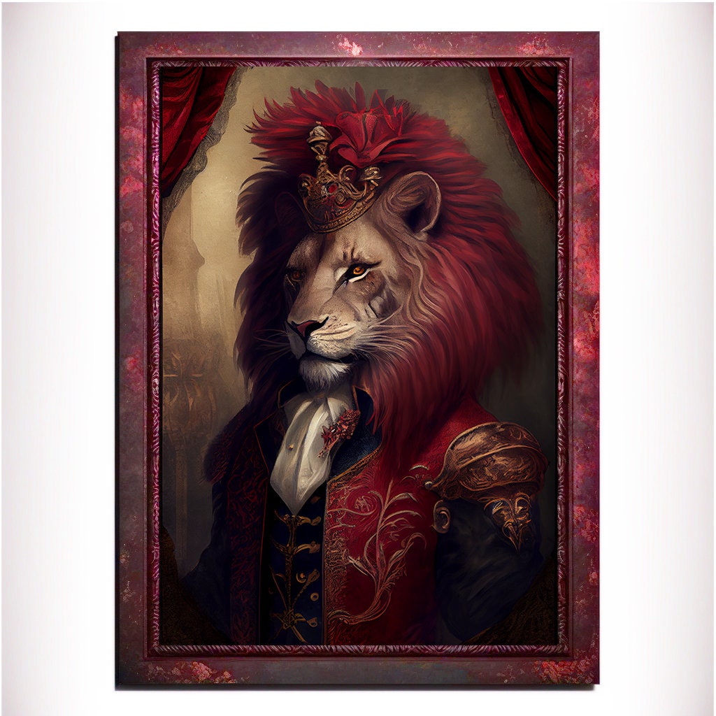 Red Lion Wall Art Print, Red Animal Lover Vintage Regal Art Poster. Victorian Red Lion Pub Portrait Royal Painting Red lion Bar Art Pet Gift - Wall Art Poster Print