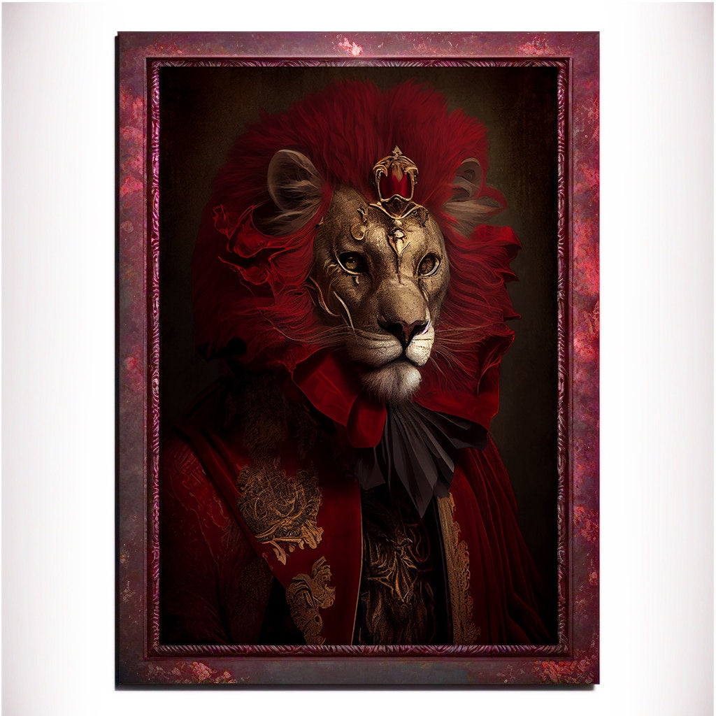Red Lion Wall Art Print, Red Animal Lover Vintage Regal Art Poster. Victorian Red Lion Pub Portrait Royal Painting Red lion Bar Art Pet Gift - Wall Art Poster Print