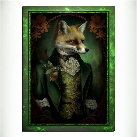 Green Fox Wall Art Print, Green Animal Lover Vintage Regal Art Poster. Victorian Fox Portrait Royal Painting Talented Fox Bar Art Pet Gift - Wall Art Poster Print