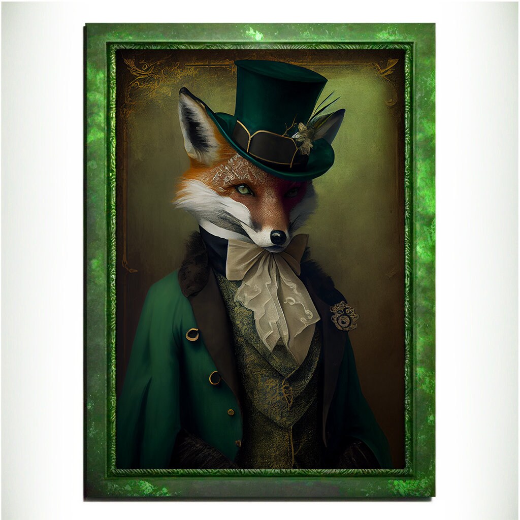 Green Fox Wall Art Print, Green Animal Lover Vintage Regal Art Poster. Victorian Fox Portrait Royal Painting Talented Fox Bar Art Pet Gift - Wall Art Poster Print