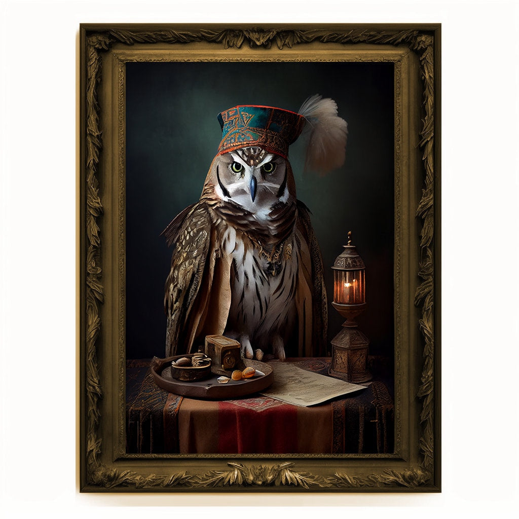 Prophet Owl, Fortune Teller Owl Portrait, Owl Poster, Animal Painting, Altered Art, Magic Owl, Regal Vintage Art, Unique Prints, Wizard Gift