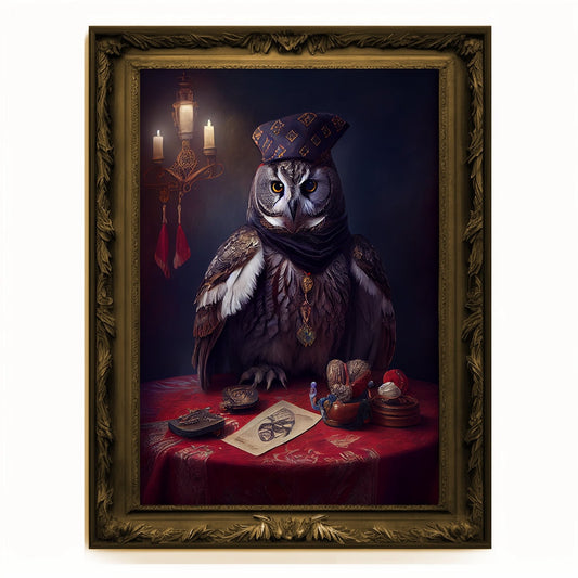 Prophet Owl, Fortune Teller Owl Portrait, Owl Poster, Animal Painting, Altered Art, Magic Owl, Regal Vintage Art, Unique Prints, Wizard Gift