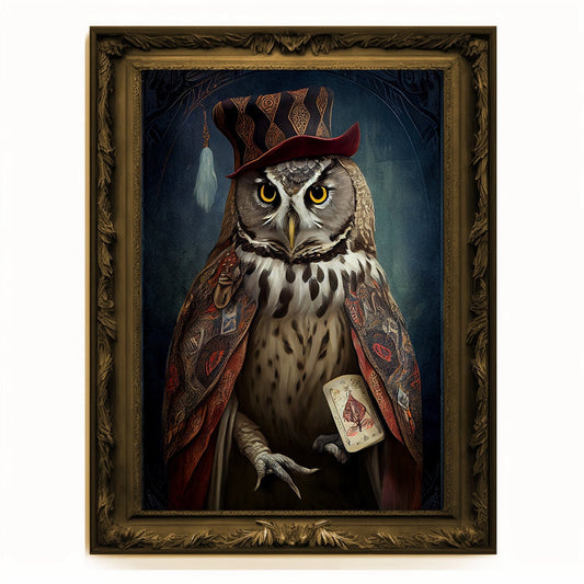 Prophet Owl, Fortune Teller Owl Portrait, Owl Poster, Animal Painting, Altered Art, Magic Owl, Regal Vintage Art, Unique Prints, Wizard Gift
