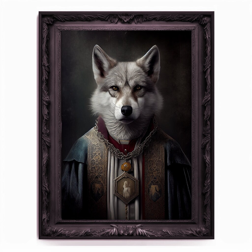 Wolf Priest, Ritual Wolf Portrait, Religious Poster, Animal Painting, Altered Art, Christian Wolf, Regal Vintage Art, Unique Prints, God Art