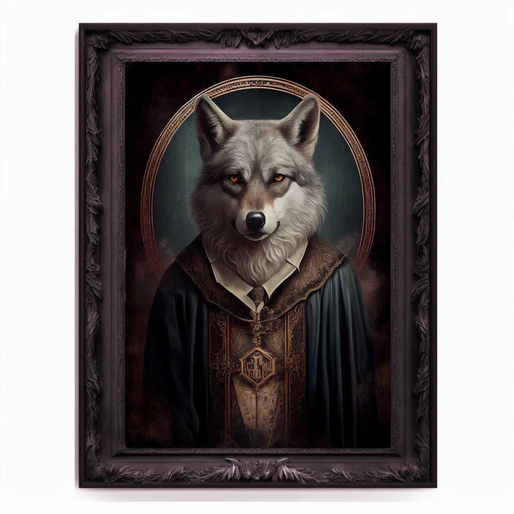 Wolf Priest, Ritual Wolf Portrait, Religious Poster, Animal Painting, Altered Art, Christian Wolf, Regal Vintage Art, Unique Prints, God Art