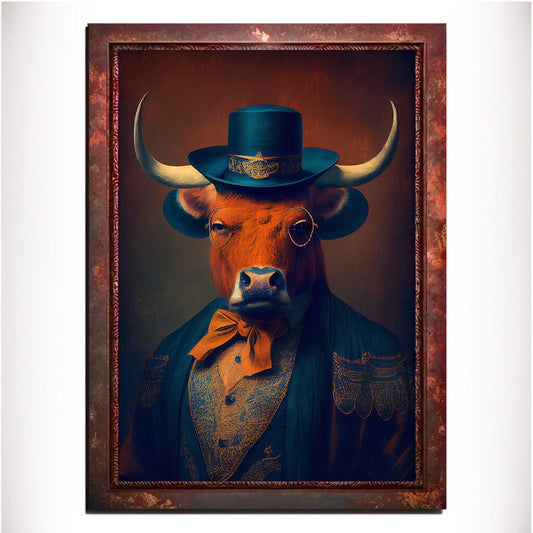 Orange Bull Wall Art Print, Animal Lover Vintage Regal Art Poster. Victorian Bull Bar Portrait Royal Painting Tango Orange Art Pet Gift - Wall Art Poster Print