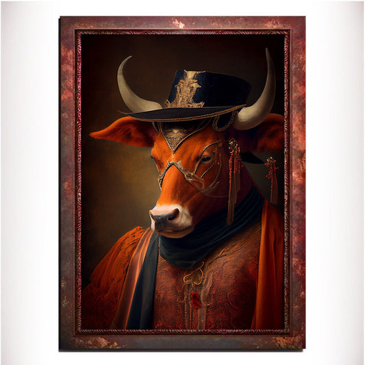Orange Bull Wall Art Print, Animal Lover Vintage Regal Art Poster. Victorian Bull Bar Portrait Royal Painting Tango Orange Art Pet Gift - Wall Art Poster Print