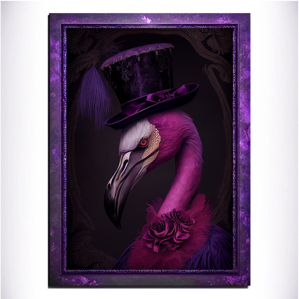 Purple Flamingo Wall Art Print, Animal Lover Vintage Regal Flamingo Art Poster Renaissance. Victorian Flamingo Portrait, Royal Painting Gift - Wall Art Poster Print