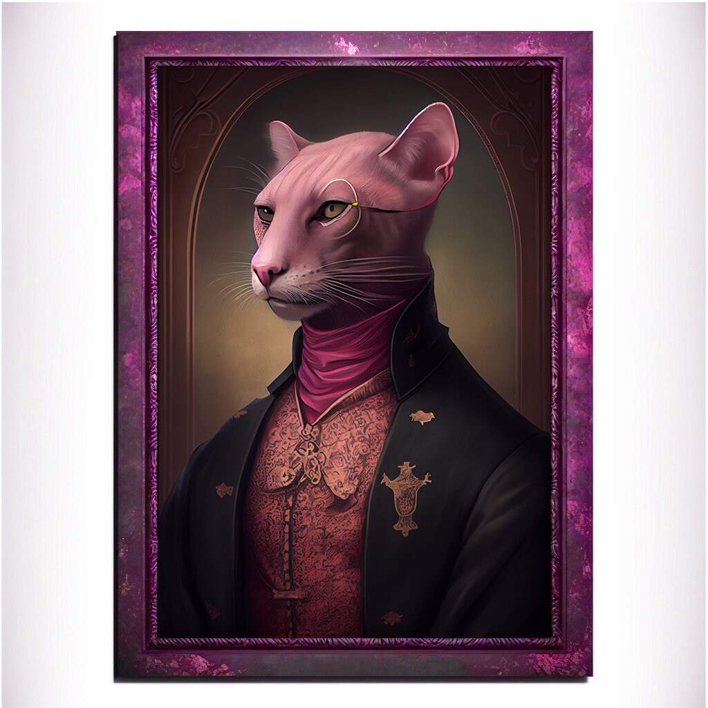Pink Panther Wall Art Print, Pink Animal Lover Vintage Regal Art Poster. Victorian Pink Cat Portrait Royal Painting, Puma Pet Gift, Big Cat - Wall Art Poster Print