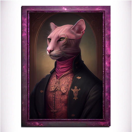 Pink Panther Wall Art Print, Pink Animal Lover Vintage Regal Art Poster. Victorian Pink Cat Portrait Royal Painting, Puma Pet Gift, Big Cat - Wall Art Poster Print