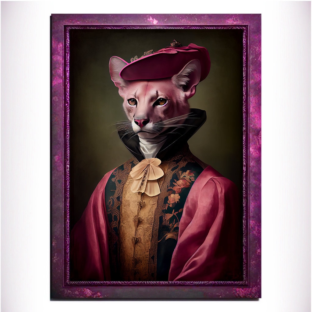 Pink Panther Wall Art Print, Pink Animal Lover Vintage Regal Art Poster. Victorian Pink Cat Portrait Royal Painting, Puma Pet Gift, Big Cat - Wall Art Poster Print