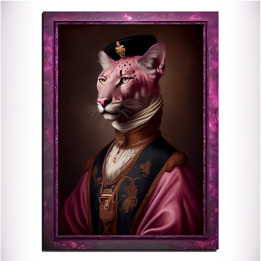 Pink Panther Wall Art Print, Pink Animal Lover Vintage Regal Art Poster. Victorian Pink Cat Portrait Royal Painting, Puma Pet Gift, Big Cat - Wall Art Poster Print