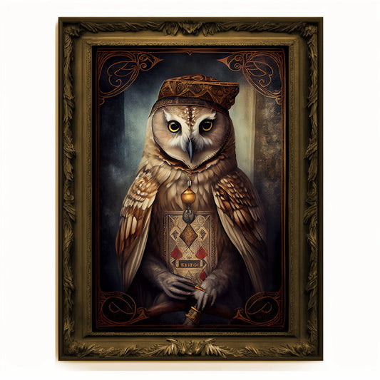 Prophet Owl, Fortune Teller Owl Portrait, Owl Poster, Animal Painting, Altered Art, Magic Owl, Regal Vintage Art, Unique Prints, Wizard Gift