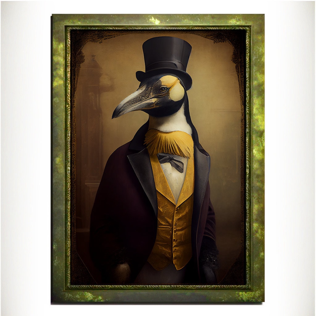 Yellow Penguin Wall Art Print, Animal Lover Vintage Regal Penguin Art Poster Renaissance. Victorian Penguin Portrait, Royal Painting Gift - Wall Art Poster Print