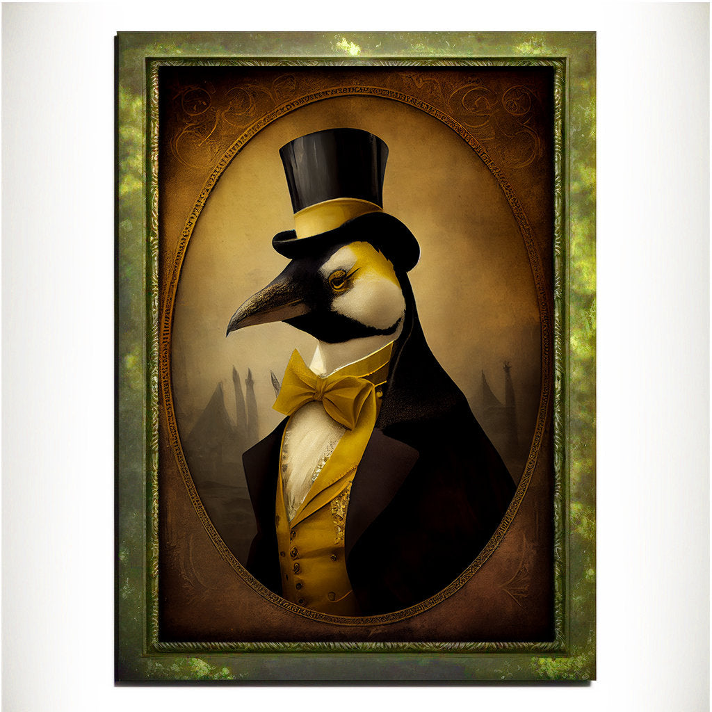 Yellow Penguin Wall Art Print, Animal Lover Vintage Regal Penguin Art Poster Renaissance. Victorian Penguin Portrait, Royal Painting Gift - Wall Art Poster Print