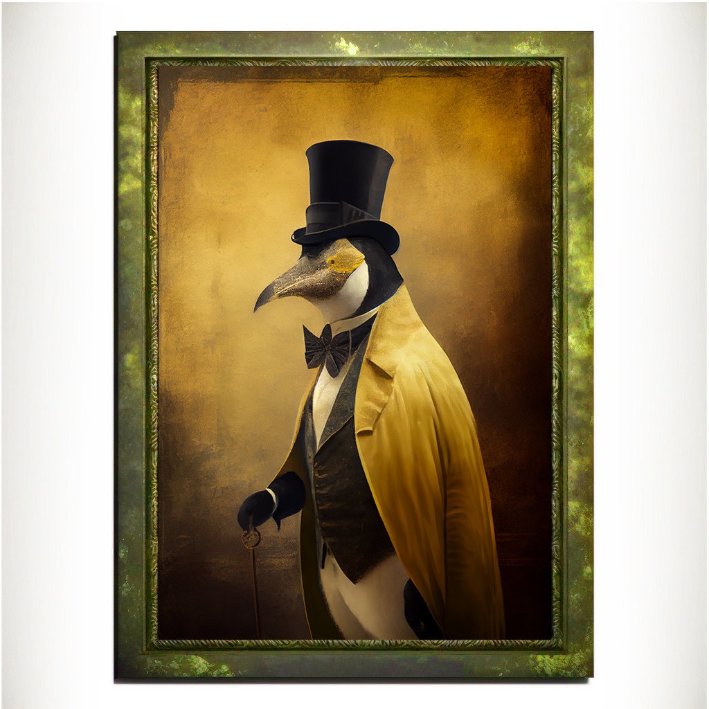Yellow Penguin Wall Art Print, Animal Lover Vintage Regal Penguin Art Poster Renaissance. Victorian Penguin Portrait, Royal Painting Gift - Wall Art Poster Print