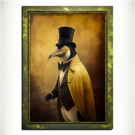 Yellow Penguin Wall Art Print, Animal Lover Vintage Regal Penguin Art Poster Renaissance. Victorian Penguin Portrait, Royal Painting Gift - Wall Art Poster Print