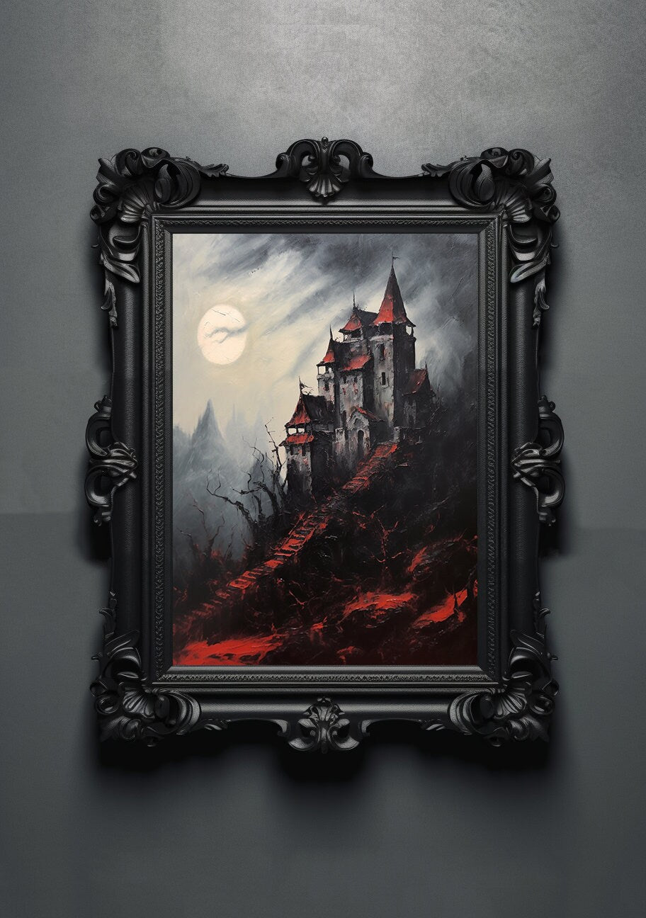 Red Black. Gothic Prints. Oil Painting. Dracula's Castle Poster. Demonic Palace. Spooky Gifts. Gothic Home Decor. Gothic Art. Witchy Gifts.