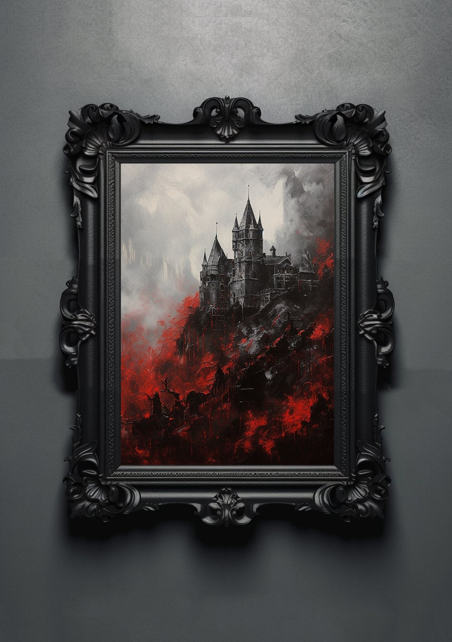 Red Black. Gothic Prints. Oil Painting. Dracula's Castle Poster. Demonic Palace. Spooky Gifts. Gothic Home Decor. Gothic Art. Witchy Gifts.