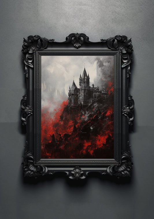 Red Black. Gothic Prints. Oil Painting. Dracula's Castle Poster. Demonic Palace. Spooky Gifts. Gothic Home Decor. Gothic Art. Witchy Gifts.