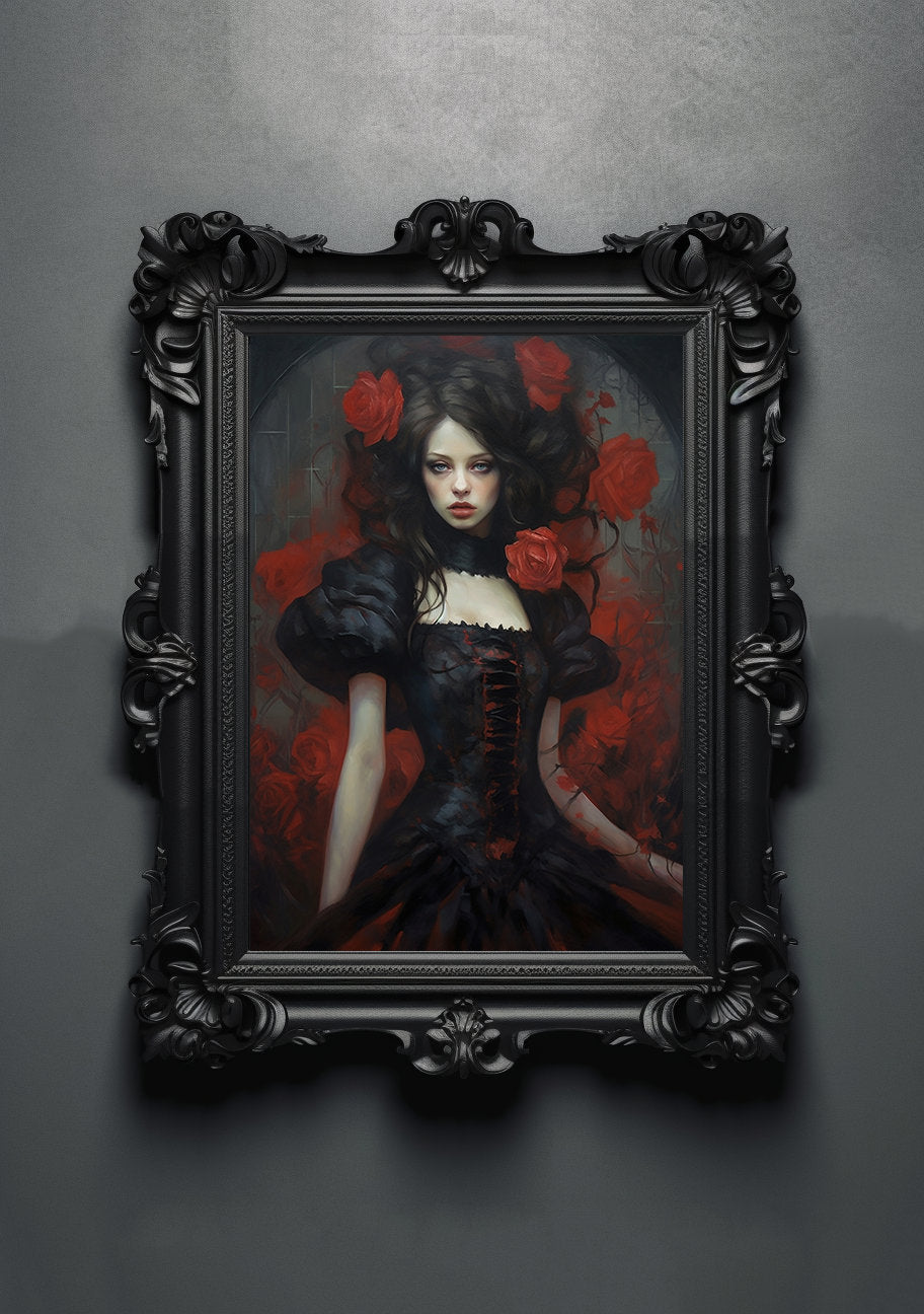 Gothic Rose Artwork. Gothic Prints. Oil Painting. Black Rose Poster. Wiccan Lady. Spooky Gifts. Gothic Home Decor. Gothic Art. Witchy Gifts.