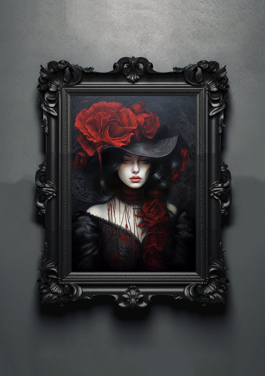 Gothic Rose Artwork. Gothic Prints. Oil Painting. Black Rose Poster. Wiccan Lady. Spooky Gifts. Gothic Home Decor. Gothic Art. Witchy Gifts.